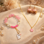 Floral Necklace, Pearl Charm Bracelet & Pink Jhumka Earrings| Bundle Deal 6
