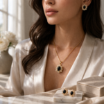 Luxury Black Stone Floral Pendant Necklace & Stud Earrings Set | Wedding & Occasion Wear Premium Jewelry Set - Image 3