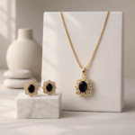 Luxury Black Stone Floral Pendant Necklace & Stud Earrings Set | Wedding & Occasion Wear Premium Jewelry Set
