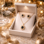 Luxury Black Stone Floral Pendant Necklace & Stud Earrings Set | Wedding & Occasion Wear Premium Jewelry Set - Image 2