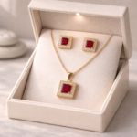 Luxury Red Square Pendant Necklace & Stud Earrings Set | Wedding & Occasion Wear Jewelry