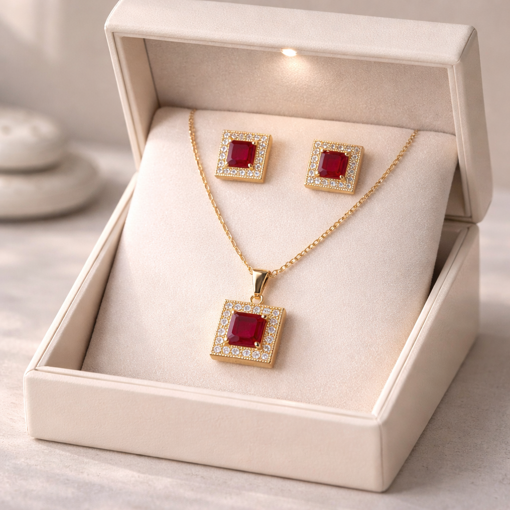 ChatGPT Image Mar 29, 2026, 03_14_25 AM Luxury Red Square Pendant Necklace & Stud Earrings Set | Wedding & Occasion Wear Jewelry - Image 1