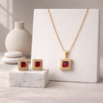 Luxury Red Square Pendant Necklace & Stud Earrings Set | Wedding & Occasion Wear Jewelry - Image 3