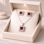 Luxury Silver-Tone Red Square Pendant Necklace & Stud Earrings Set - Image 2