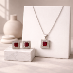 Luxury Silver-Tone Red Square Pendant Necklace & Stud Earrings Set - Image 3