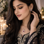 Luxury Silver-Tone Red Square Pendant Necklace & Stud Earrings Set