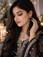 Luxury Silver-Tone Red Square Pendant Necklace & Stud Earrings Set