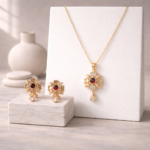 Golden Ruby Pendant Necklace & D-lock Earrings Set