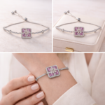 Luxury Pink Square Zircon Adjustable Silver Bracelet | Premium Statement Occasion Jewelry - Image 4