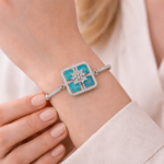 Luxury Square Turquoise Zircon Adjustable Silver Bracelet | Premium Statement Occasion Jewelry - Image 3