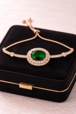 Luxury Oval Emerald Green Zircon Adjustable Bracelet | Premium Halo Statement Jewelry