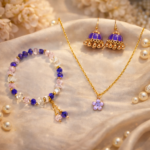 Purple Floral Jewelry Set | Necklace, Crystal Bracelet & Jhumka Earrings